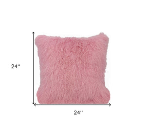 Homeroots 24" Pink Genuine Tibetan Lamb Fur Pillow With Microsuede Backing   334384