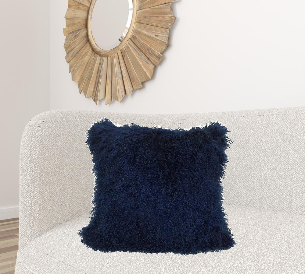 Homeroots 24" Navy Blue Genuine Tibetan Lamb Fur Pillow With Microsuede Backing   334385