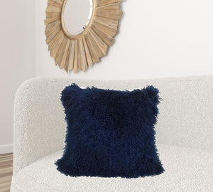 Homeroots 24" Navy Blue Genuine Tibetan Lamb Fur Pillow With Microsuede Backing   334385