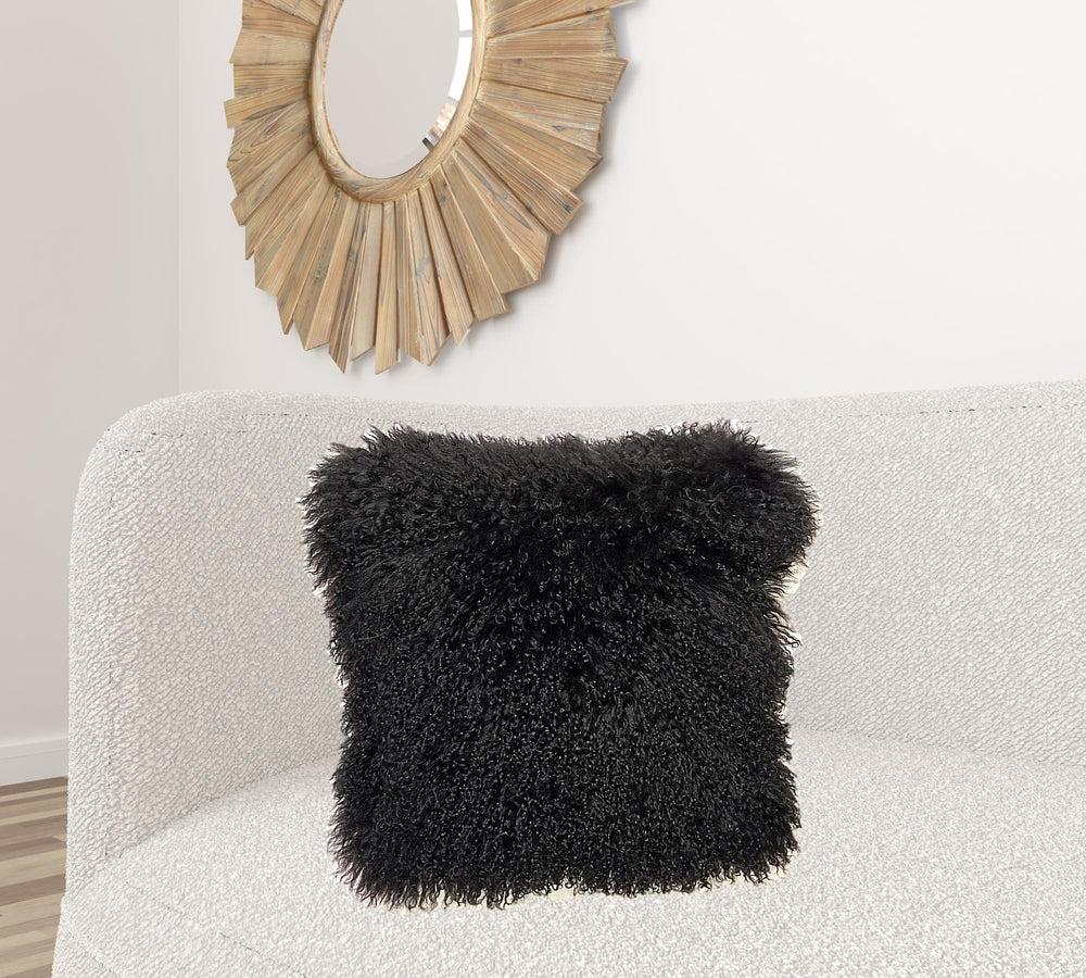 Homeroots 24" Black Genuine Tibetan Lamb Fur Pillow With Microsuede Backing   334387