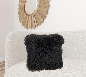 Homeroots 24" Black Genuine Tibetan Lamb Fur Pillow With Microsuede Backing   334387