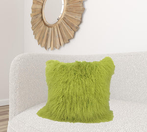 Homeroots 24" Lime Green Genuine Tibetan Lamb Fur Pillow With Microsuede Backing   334388