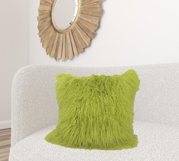 Homeroots 24" Lime Green Genuine Tibetan Lamb Fur Pillow With Microsuede Backing   334388