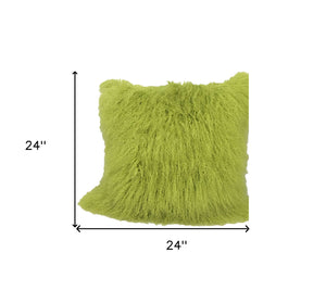 Homeroots 24" Lime Green Genuine Tibetan Lamb Fur Pillow With Microsuede Backing   334388