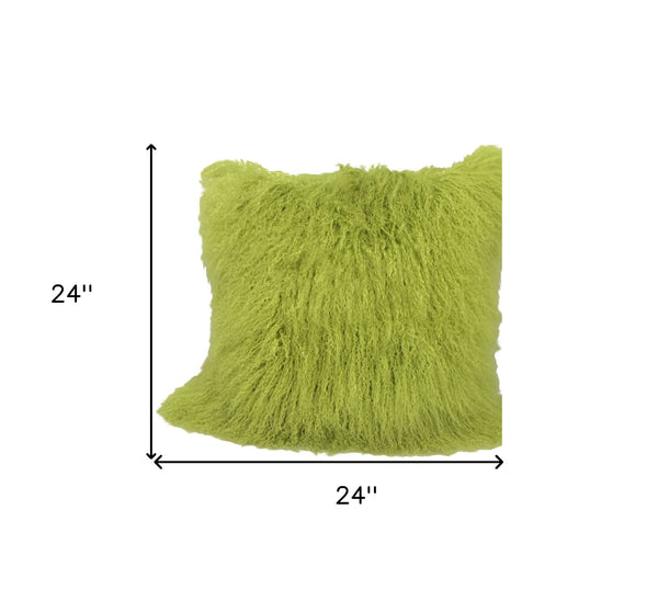 Homeroots 24" Lime Green Genuine Tibetan Lamb Fur Pillow With Microsuede Backing   334388
