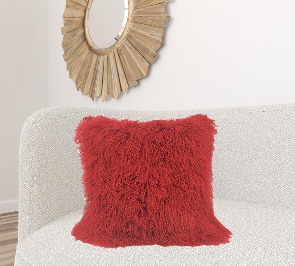 Homeroots 24" Red Genuine Tibetan Lamb Fur Pillow With Microsuede Backing   334389