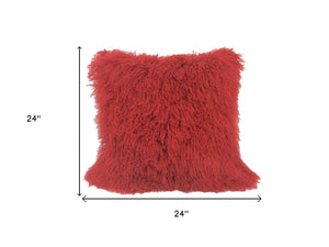 HomeRoots 24" Red Luxurious Tibetan Lamb Fur Pillow with Soft Microsuede Backing for Bold Home Décor 334389