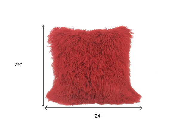 HomeRoots 24" Red Luxurious Tibetan Lamb Fur Pillow with Soft Microsuede Backing for Bold Home Décor 334389