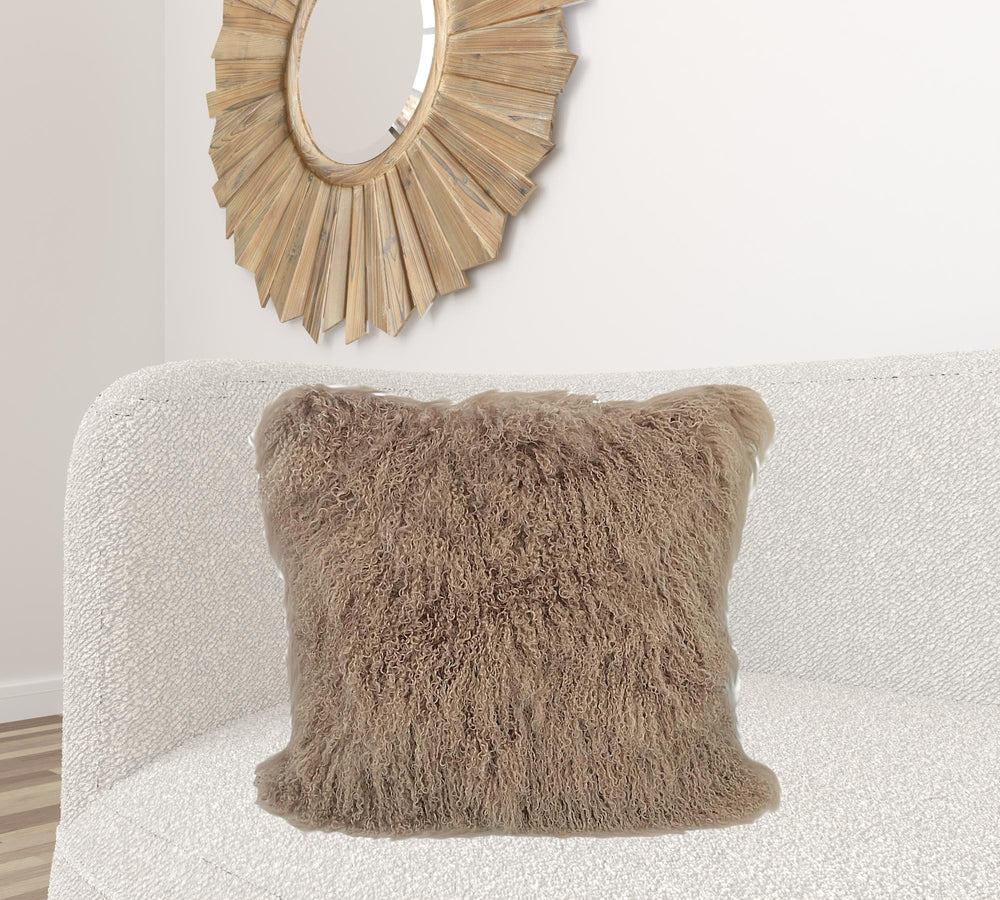 Homeroots 24" Beige Genuine Tibetan Lamb Fur Pillow With Microsuede Backing   334390