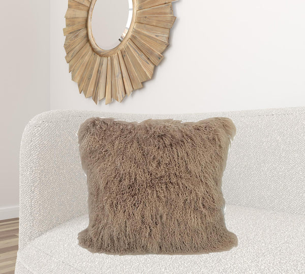 Homeroots 24" Beige Genuine Tibetan Lamb Fur Pillow With Microsuede Backing   334390