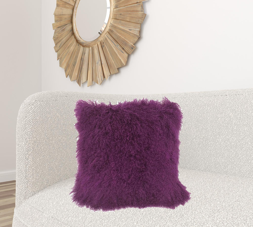 Homeroots 24" Purple Genuine Tibetan Lamb Fur Pillow With Microsuede Backing   334391