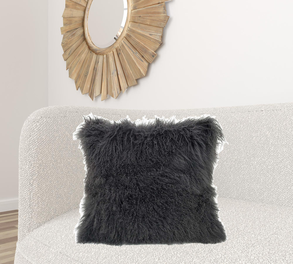 Homeroots 24" Charcoal Genuine Tibetan Lamb Fur Pillow With Microsuede Backing   334392