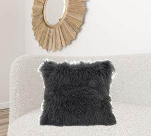 Homeroots 24" Charcoal Genuine Tibetan Lamb Fur Pillow With Microsuede Backing   334392