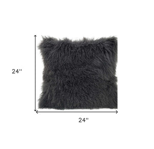 Homeroots 24" Charcoal Genuine Tibetan Lamb Fur Pillow With Microsuede Backing   334392