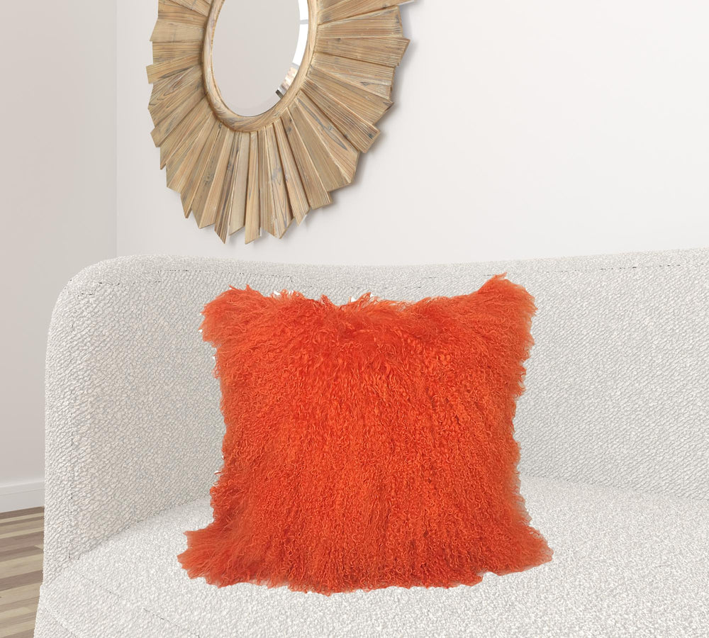 Homeroots 24" Orange Genuine Tibetan Lamb Fur Pillow With Microsuede Backing   334393