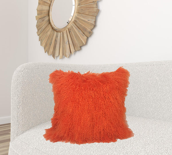 Homeroots 24" Orange Genuine Tibetan Lamb Fur Pillow With Microsuede Backing   334393