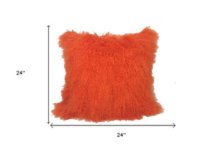 HomeRoots 24" Orange Genuine Tibetan Lamb Fur Pillow - Luxurious Softness with Microsuede Backing for Style 334393