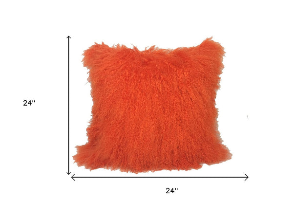 HomeRoots 24" Orange Genuine Tibetan Lamb Fur Pillow - Luxurious Softness with Microsuede Backing for Style 334393