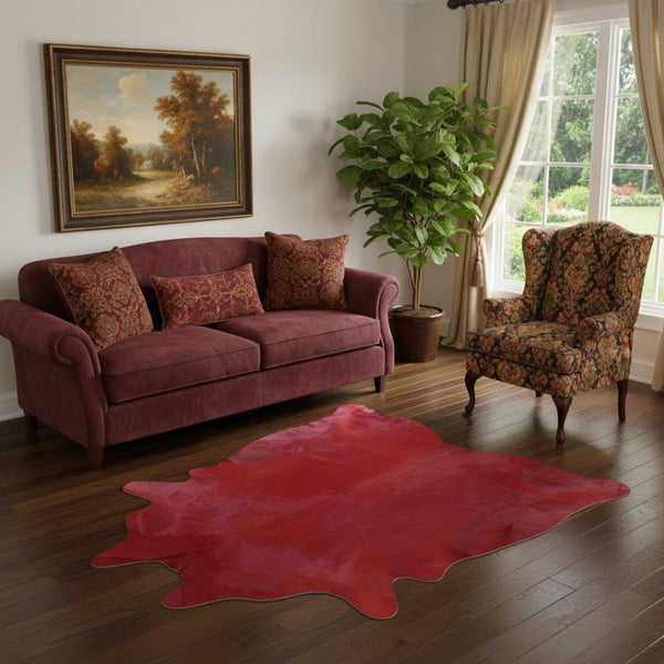 HomeRoots 6' X 7' Red Cowhide Handmade Area Rug - Luxurious Texture, Unique Craftsmanship for Any Space Red Dyed 334428