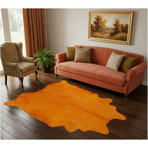 HomeRoots 6' X 7' Red Cowhide Handmade Area Rug - Luxurious Texture, Unique Craftsmanship for Any Space Vibrant Orange 334440