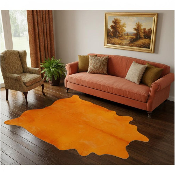 HomeRoots 6' X 7' Red Cowhide Handmade Area Rug - Luxurious Texture, Unique Craftsmanship for Any Space Vibrant Orange 334440