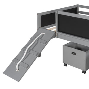 English Elm Twin Kids Loft Bed Solid Pine Frame with Slide Chalkboard and Climbing Rope Play Zone Gray N708P340493E