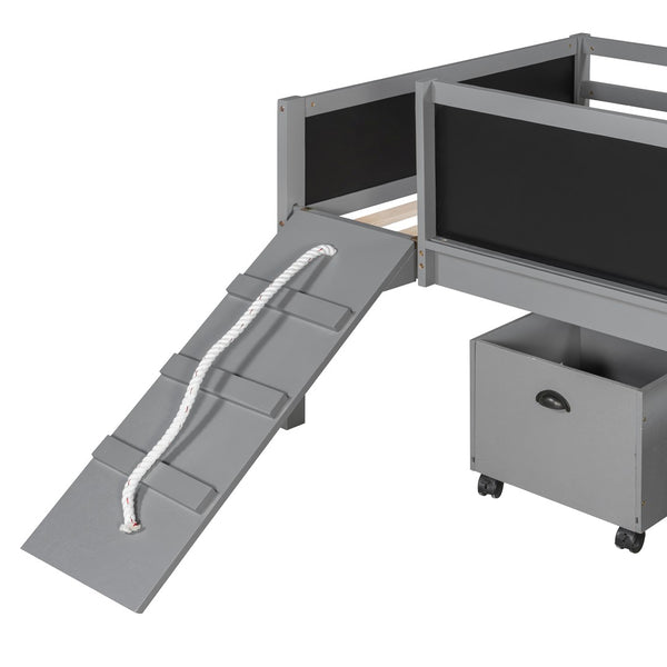 English Elm Twin Kids Loft Bed Solid Pine Frame with Slide Chalkboard and Climbing Rope Play Zone Gray N708P340493E