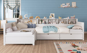 English Elm Twin Corner Daybed with Storage Drawers Bookshelf Wood L-shape Frame for Small Rooms White N733S369272K