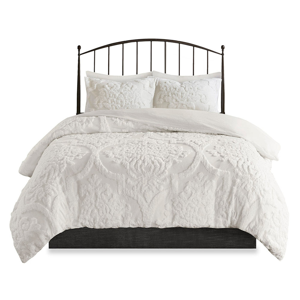 English Elm 3 Viola Tufted Cotton Chenille Damask Comforter Set King/Cal King Off-White - Oeko-Tex, Cottage Chic B03597088