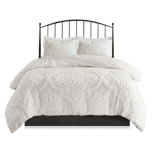 English Elm 3 Viola Tufted Cotton Chenille Damask Comforter Set King/Cal King Off-White - Oeko-Tex, Cottage Chic B03597088