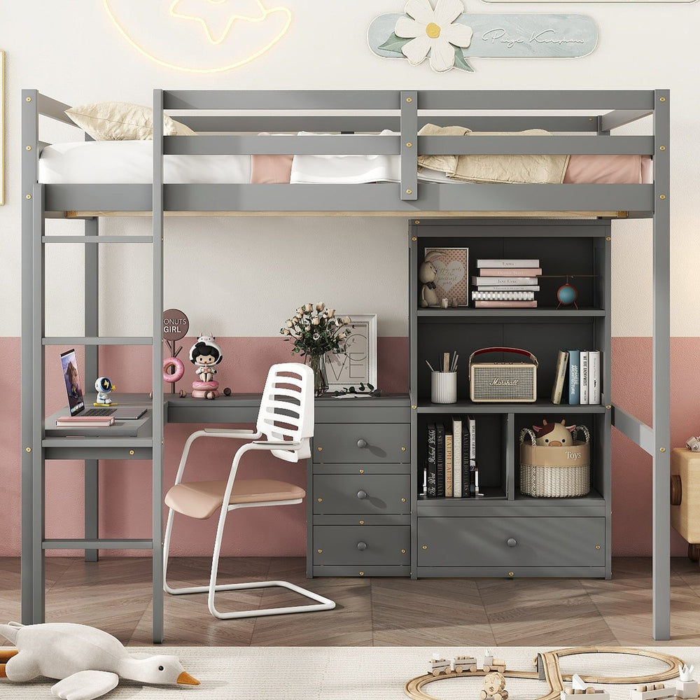 English Elm Full Size Loft Bed With Desk, Storage Solutions, Built-In Ladder & Guardrails For Safe Use In Grey W504S00160