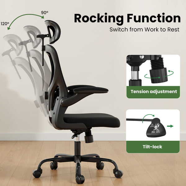 English Elm Ergonomic Office chair with adjustable headrest and lumbar support, breathable mesh, space-saving design Black T3623P368574