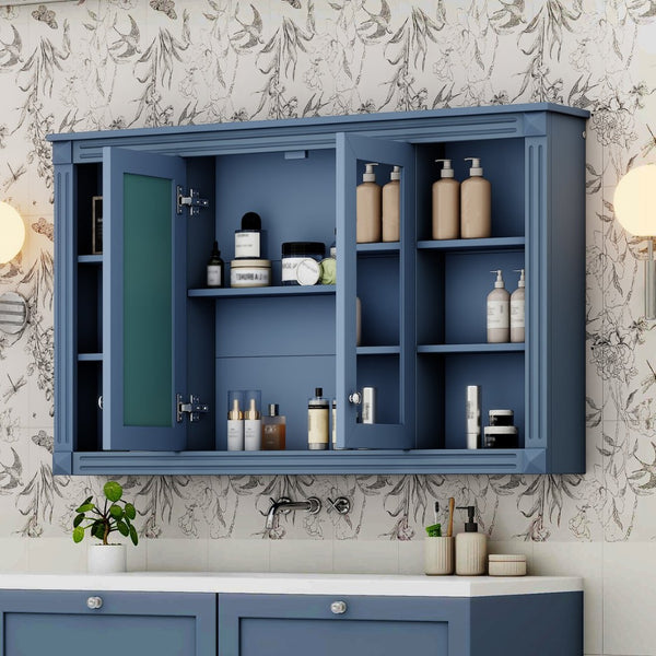 English Elm 47 Inch Wall Mounted Medicine Cabinet with Mirror Open Shelving and Adjustable Storage N710P363550C