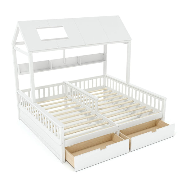English Elm Double Twin House Bed Pine Wood Frame Kids Playhouse Bunk with Storage Drawers White W5305S00006