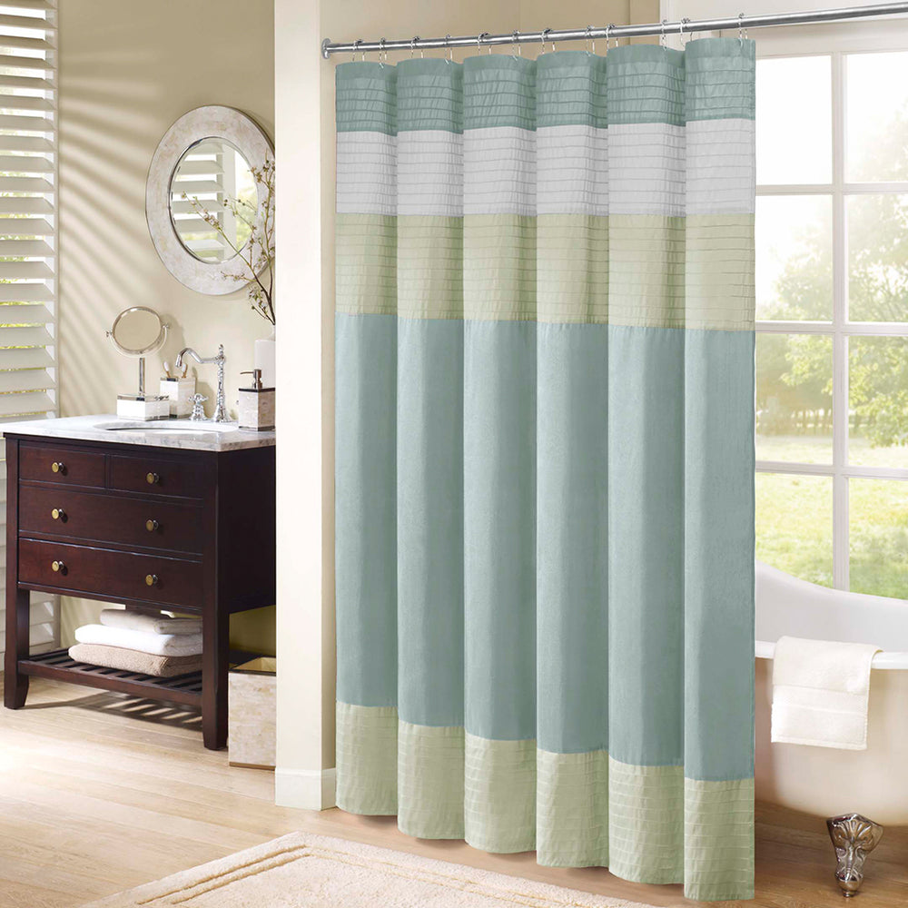 JLA Home Madison Park - Faux Silk Dupioni Shower Curtain with Pintuck Color‑Block Panels, Lightweight Hotel-Quality Elegance Green MP70-418