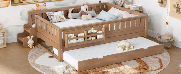 English Elm Queen Bunk Bed with Trundle Solid Pine Kids Car Themed Frame Built-in Bookshelf Natural W1580S00564