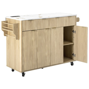 English Elm K&k Fluted Rolling Kitchen Island Faux Marble Top Power Outlet Storage Drawers Natural N707P353945Y