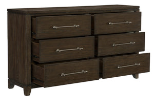 English Elm Contemporary Ash Veneer Six Drawer Dresser Dark Brown Finish with Pewter Bar Pulls B011P208531
