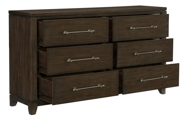 English Elm Contemporary Ash Veneer Six Drawer Dresser Dark Brown Finish with Pewter Bar Pulls B011P208531