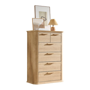 English Elm 6 Drawer Tall Fluted Chest with Waveform Fronts Slim Wooden Storage for Modern Bedroom Oak T5326P425103