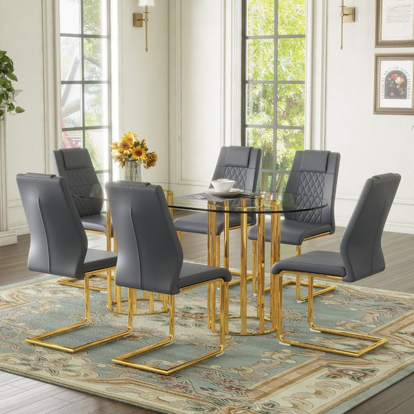 English Elm Table and Chair Set Oval Tempered Glass Top Six Seat Glam Dining with Arched Legs Dark Gray,Gold,Transparent W1151S04722