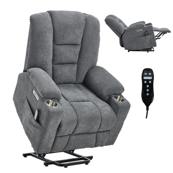 English Elm Emon's Overstuffed Chenille Power Lift Recliner with Massage Heat and Charging Ports Grey W1803S00090