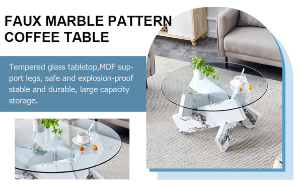 English Elm Round Tempered Glass Coffee Table with Sculptural Mdf Base for Modern Living Rooms White W1151P180316