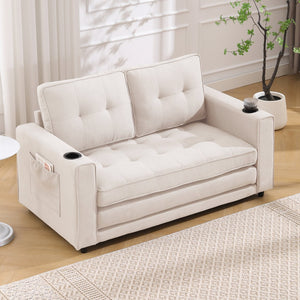 English Elm {VIDEO Modern 3-in-1 Upholstered Futon Sofa Convertible Bed with Tufted Foldable Loveseat, Beige, Storage Cups W2325P195865