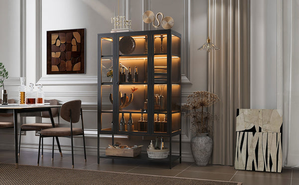 English Elm 67.25'' Tall Steel Curio Cabinet with Led Lighting and Tempered Glass Panels Black SN845P263995B