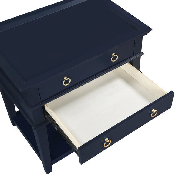 English Elm Carmona Midnight Blue Tray Top Nightstand with Two Drawers, Open Shelf, Brushed Gold Ring Pulls Dark Blue B050P376935