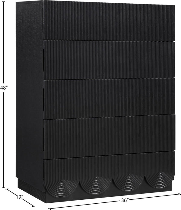 Meridian Furniture Scallop Fluted Oak Veneer Chest Art Deco Sculptural Dresser for Bedroom or Living Storage Black 334Black-CH