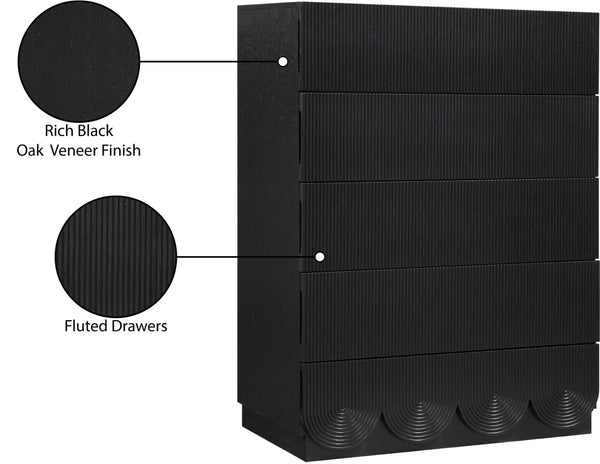 Meridian Furniture Scallop Fluted Oak Veneer Chest Art Deco Sculptural Dresser for Bedroom or Living Storage Black 334Black-CH