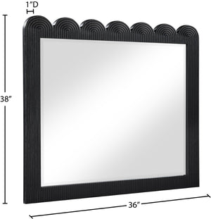 Meridian Furniture Scallop Oak Veneer Wall Mirror with Art Deco Fluted Frame for Bedroom or Living Room Decor Black 334Black-M