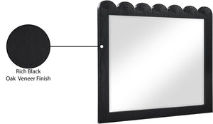 Meridian Furniture Scallop Oak Veneer Wall Mirror with Art Deco Fluted Frame for Bedroom or Living Room Decor Black 334Black-M